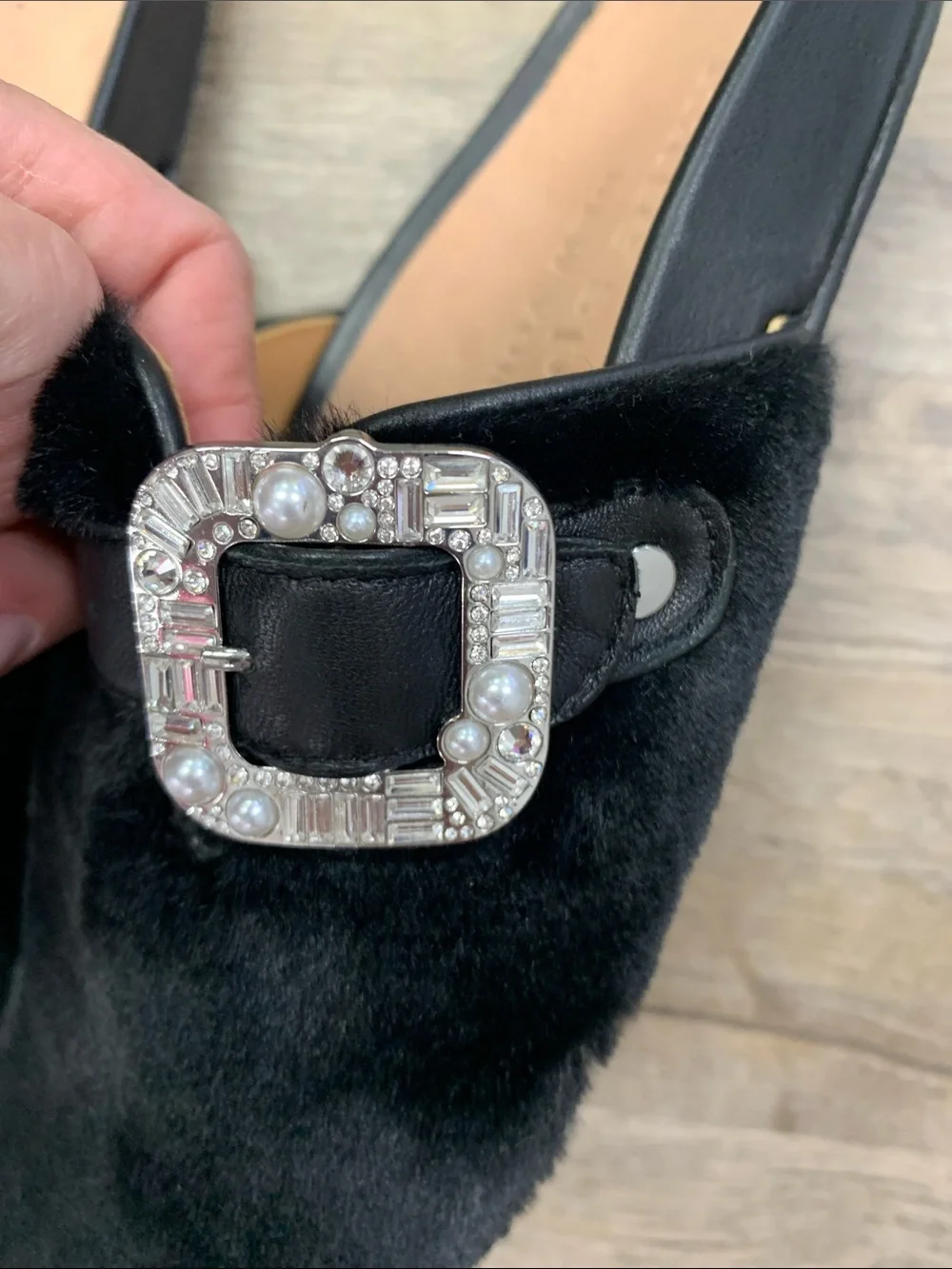 kate spade Black Faux Fur Slip-On Mules with Rhinestone Buckles Size 7